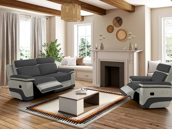 Vente-unique - 3-sits reclinersoffa och fåtölj i antracitgrå mikrofiber med ljusgrå ränder TALCA