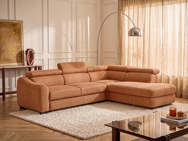 Vente-unique - Högervänd hörnbäddsoffa i texturerat tyg - Terrakotta BESEMA