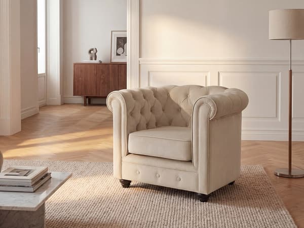Vente-unique - Fåtölj CHESTERFIELD - Beige sammet