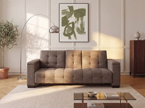 Vente-unique - 3-sits bäddsoffa i mikrofiber DEVONSHIRE med nedfällbart mittbricka - Brun