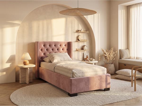 Vente-unique - Säng med Vadderad sänggavel - 90 x 200 cm - Rosa sammet - MASSIMO II