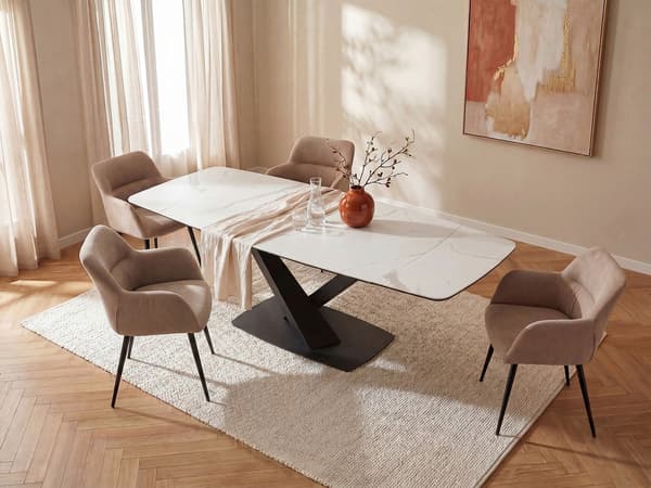 Vente-unique - MALATA bordsset + 4 HEKA stolar - Vit och beige marmoreffekt