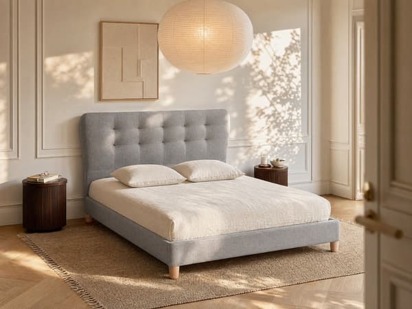 Vente-unique - Säng 140 x 190 cm med stoppad sänggavel - Tyg - Grå - ELIDE