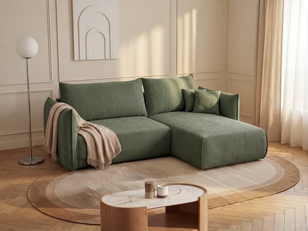 Vente-unique - Högervänd vinkelsoffa i grön texturerad tyg CARISU