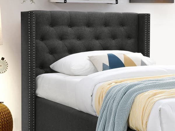 Vente-unique - Säng 90 x 200 cm med Vadderad sänggavel - Tyg - Grå - MASSIMO II