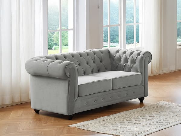Vente-unique - 2-sitssoffa CHESTERFIELD - Ljusgrå sammet
