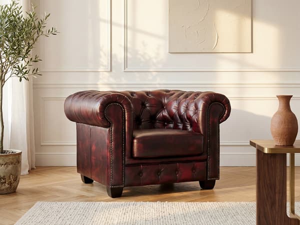Vente-unique - Chesterfieldfåtölj i bordeaux buffelläder BRENTON