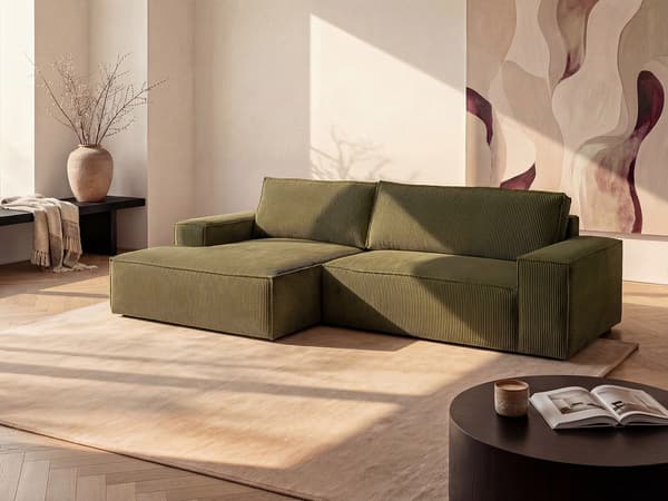 Vente-unique - Vänstervändvänd bäddsoffa i mörkgrön manchester AMELIA
