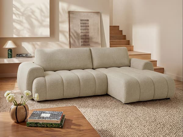 Vente-unique - Hörnbäddsoffa högerställd beige tyg FRIDORA