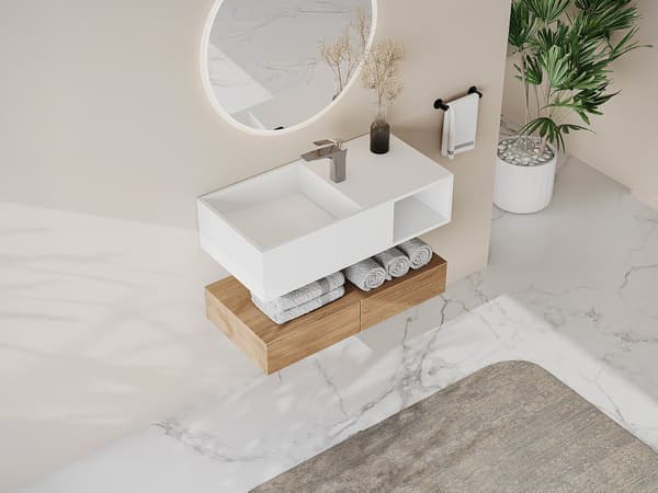 Vente-unique - Vägghängd tvättställ med nish i vit solid surface  80 × 40 × 20 cm GOYOKO