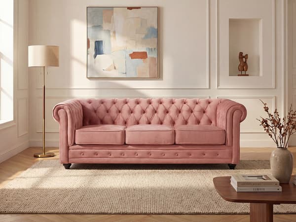 Vente-unique - 3-sitssoffa CHESTERFIELD - Pastellrosa sammet
