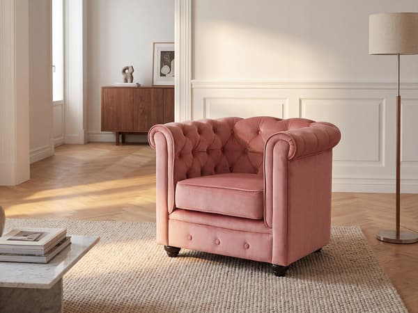 Vente-unique - Fåtölj CHESTERFIELD - Pastellrosa sammet