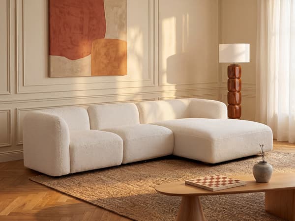 Vente-unique - Vinklad modulsoffa i bruten vit Bouclétyg DANEPI