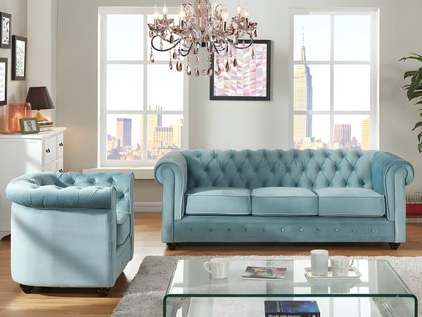 Vente-unique - 3-sitssoffa och fåtölj CHESTERFIELD - Pastellblå sammet