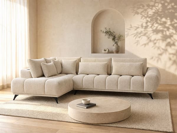 Vente-unique - Vänster hörnsoffa med lutbart ryggstöd i beige texturerad sammet MAVIRO