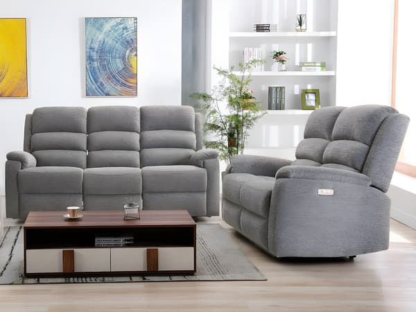 Vente-unique - Elektriska reclinersoffor 3-sits och 2-sits i grått tyg NEVERS