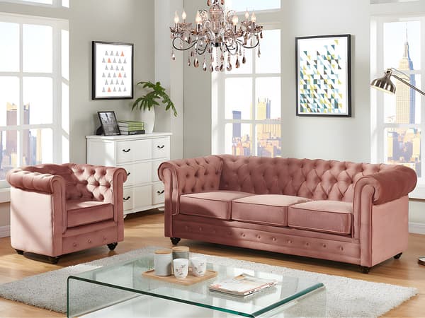 Vente-unique - 3-sitssoffa och fåtölj CHESTERFIELD - Pastellrosa sammet