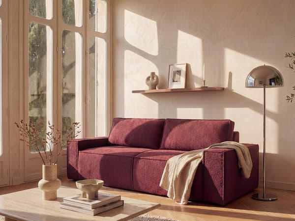 Vente-unique - 4-sitssoffa bäddsoffa i vinröd chenille AMELIA