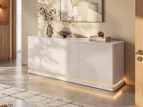 Vente-unique - Skänk med 4 dörrar beige MDF vit marmoreffekt med LED-belysning DEVIKA