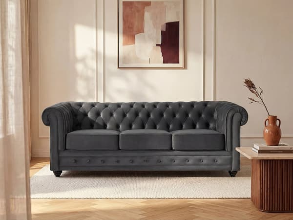 Vente-unique - 3-sitssoffa i mörkgrå sammet CHESTERFIELD