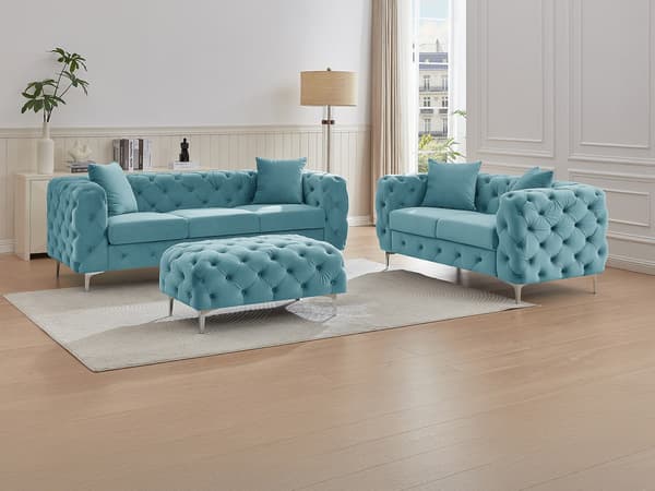 Vente-unique - 3-sits soffa, 2-sits soffa och chesterfield-puff i pastellblått sammet EDWINA