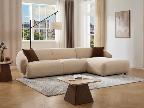 Vente-unique - Högervänd hörnsoffa i beige texturerat tyg MIBASTO