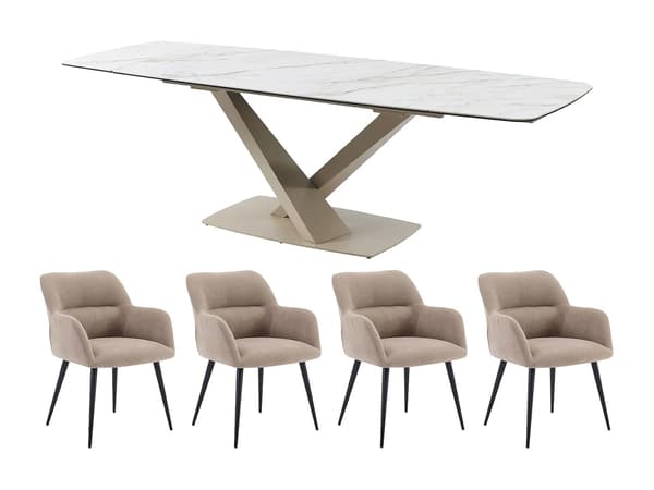 Vente-unique - MALATA bordsset + 4 HEKA stolar - Vit och beige marmoreffekt