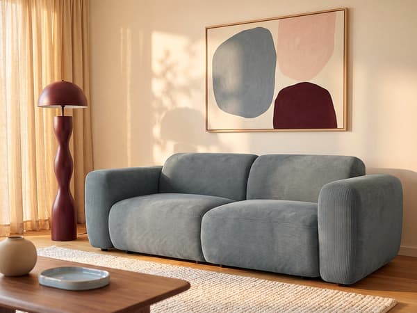 Vente-unique - Soffa 3 platser i smalrandig sammet - Blå POGNI