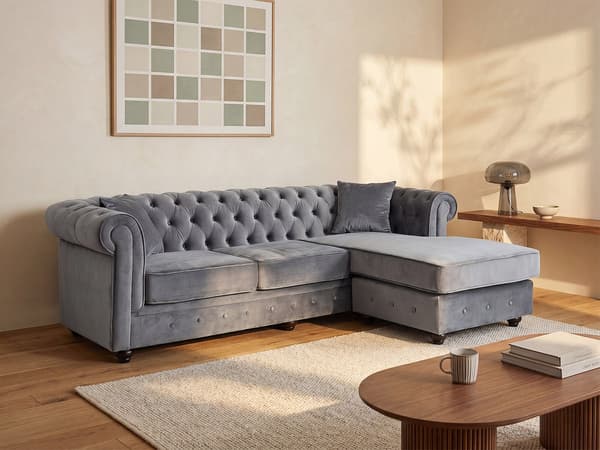 Vente-unique - Vändbar chesterfield-hörnsoffa TOLEDO i sammet - mörkgrå