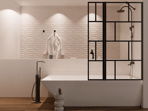 Vente-unique - Svängbar duschvägg i mattsvart med industriell  panel 100 × 140 cm OBELINI