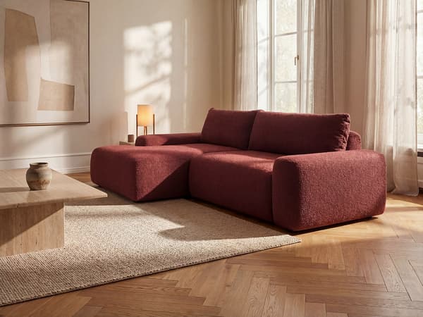 Vente-unique - Vänstervänd bäddsoffa i vinröd chenilletyg DAVISO