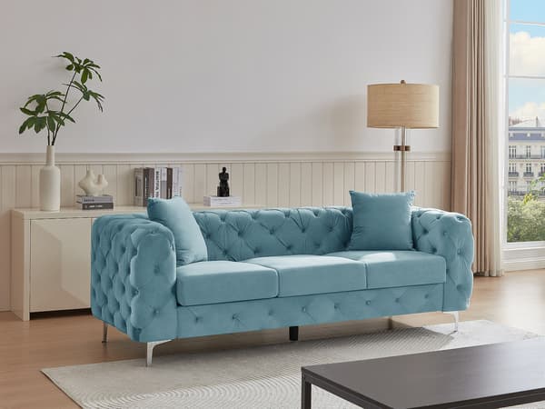 Vente-unique - EDWINA 3-sits Chesterfield-soffa i pastellblå sammet