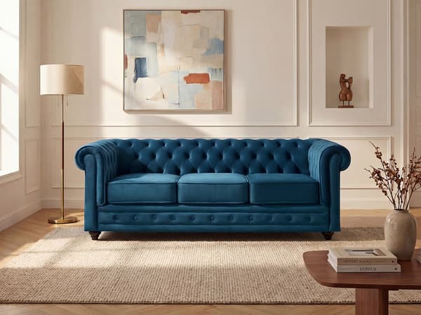 Vente-unique - 3-sitssoffa CHESTERFIELD - Petrolblå sammet
