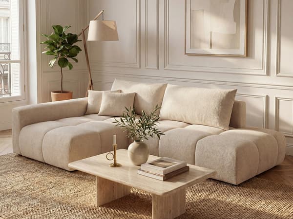 Vente-unique - Vänsterställd öppen bäddsoffa i beige texturerat tyg MINTURNO
