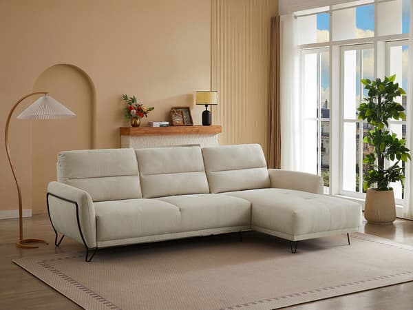 Vente-unique - Högervänd soffhörn i beige texturerat tyg med flyttbart ryggstöd DURIMA