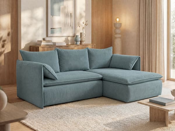 Vente-unique - Högervänd hörnbäddsoffa i blå finribbad manchester TEODORA
