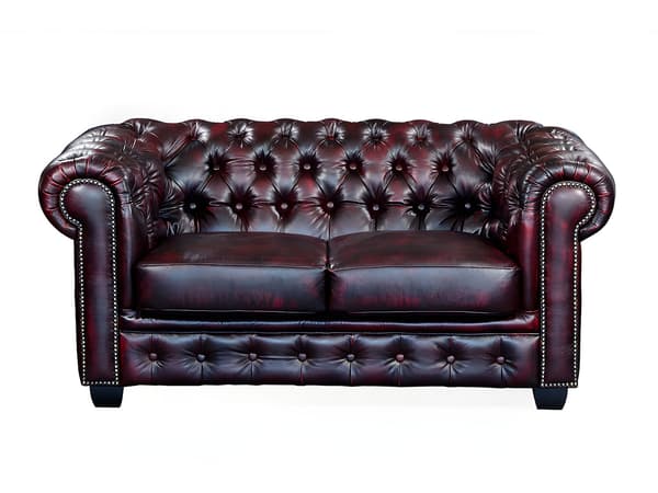 Vente-unique - 2-sits Chesterfieldsoffa i bordeaux buffelläder BRENTON