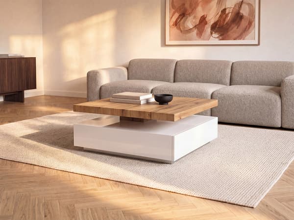 Vente-unique - Vridbart soffbord med låda i vit MDF och natur KYRIA