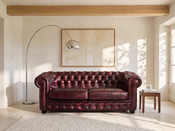 Vente-unique - 3-sits Chesterfieldsoffa i bordeaux buffelläder BRENTON