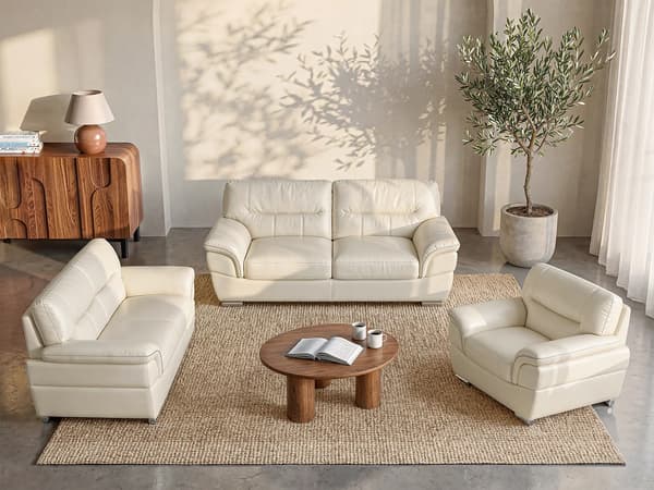 Vente-unique - 3-sits och 2-sitssoffa i elfenben läder med fåtölj THIBAULT