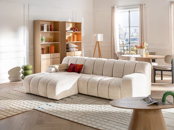 Vente-unique - Hörnsoffa Vänstervänd beige chenilletyg BELADON