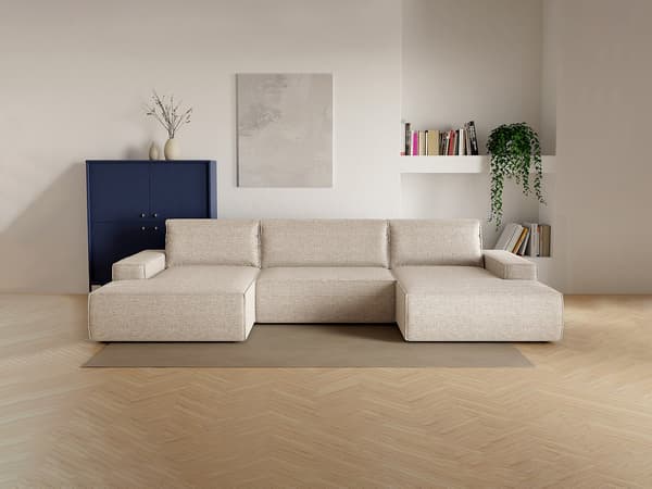 Vente-unique - Stor panoramahörnsoffa i beige texturerat tyg AMELIA