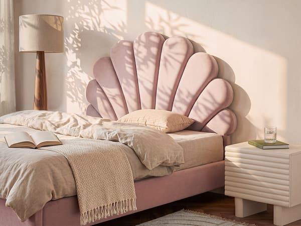 Vente-unique - Snäckformad sänggavel - 90 cm - Sammet - Rosa - MOANA