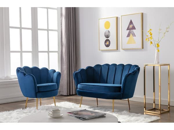 Vente-unique - 2-sits snäcksoffa och snäckformad fåtölj i midnattsblå sammet DANDELION