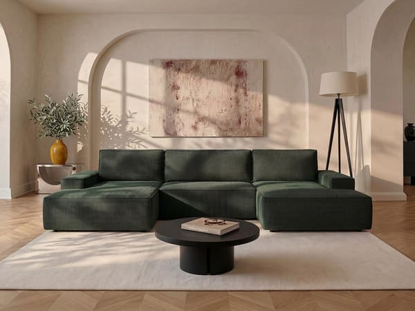 Vente-unique - Stor panoramavinkelkonvertibel soffa i grönt manchester AMELIA