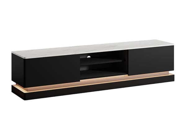 Vente-unique - TV-möbel med förvaring i svart MDF och vit marmoreffekt med LED-belysning DEVIKA