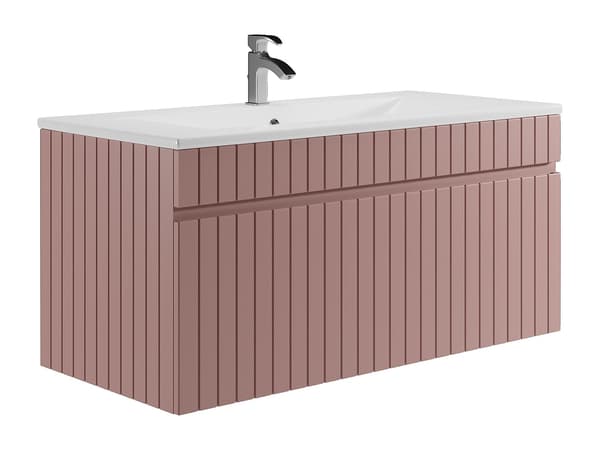 Vente-unique - Väggmonterad kommod med handfat rosa räfflad 100 cm SATARA