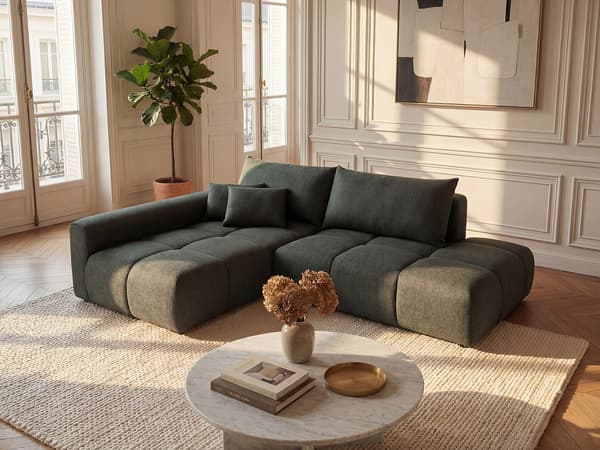 Vente-unique - Vänstervänd öppen bäddsoffa i grönt texturerat tyg MINTURNO