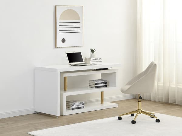 Vente-unique - Utdragbart skrivbord med 360° svängbart bord - lackerad MDF - Vit och guld - NICEPHORE II