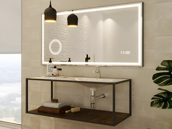 Vente-unique - Rektangulär LED-badrumsspegel med digital klocka 120 x 60 cm AITANA